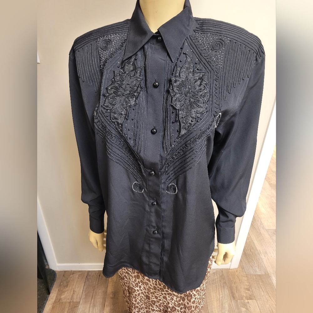 CHRISTINE Sports black beaded blouse M shoulder pads